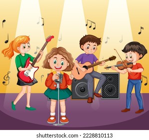 Kids playing musical instrument vector illustration