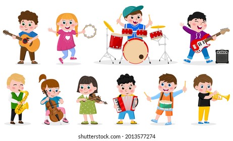 Kids playing musical instruments. Child music band, girls and boys play drum, guitar and violin vector illustration. Children musical orchestra. Violin and guitar instrument, trumpet and tambourine