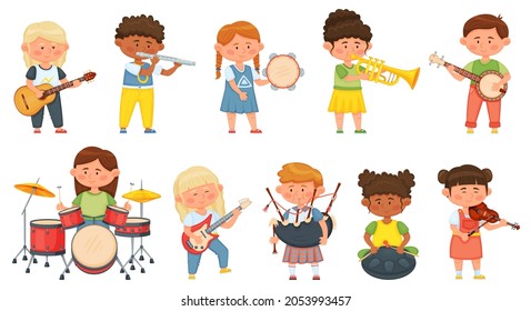 Kids playing musical instruments, children orchestra music hobby. Cute boys and girls musicians playing on guitar, drums, violin vector set. Cheerful diverse characters having entertainment