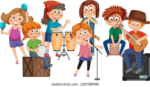 Kids playing musical instruments illustration