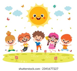 Kids Playing At Nature With Sun