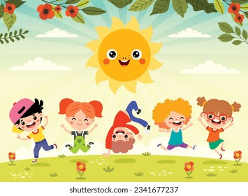 Kids Playing At Nature With Sun