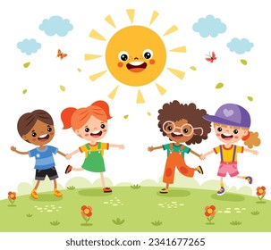 Kids Playing At Nature With Sun