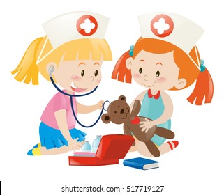 Kids playing nurse with doll illustration