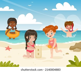 Kids playing on the beach. Cartoon children rest on the sea coast. Cute toddlers on the seashore. 