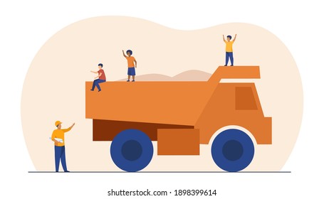 Kids playing on construction truck. Dumper, danger, careless children. Flat vector illustration. Building site, childhood, hazard concept for banner, website design or landing web page