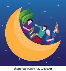 Kids playing on the crescent moon illustration, Happy eid mubarak, Calling time to suhoor or iftar