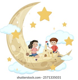 Kids playing on a crescent moon with stars