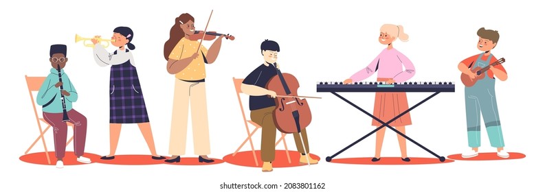 Kids playing on different music instruments: flute, trumpet, violin, cello, piano and ukulele. Children orchestra and musical classes. Cartoon flat vector illustration