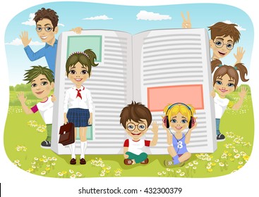kids playing on the field next to giant book
