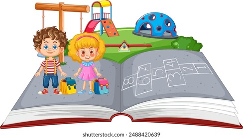 Kids playing on a giant book playground