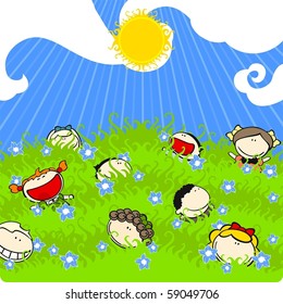 Kids playing on a grass in a sunny summer day