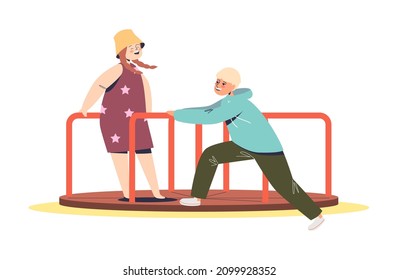 Kids Playing On Merry Go Round Carousel On Playground. Small Funny Boy And Girl Enjoy Riding Swings. Childhood And Fun Activity Concept. Cartoon Flat Vector Illustration