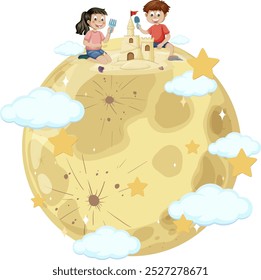 Kids playing on the moon with sandcastle and stars