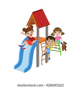 Kids Playing On The Playground Colorful Simple Design Vector Drawing Isolated On White Background