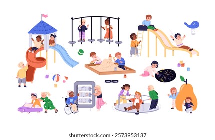 Kids playing on playground. Happy preschool children during game activities with slides, sandbox, merry-go-round, outdoor toys. Kindergarten fun. Flat vector illustration isolated on white background