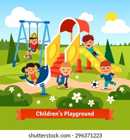 Kids playing on playground. Swinging and sliding children. Flat style vector cartoon illustration.