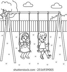 Kids playing on the playground with swings outline coloring page