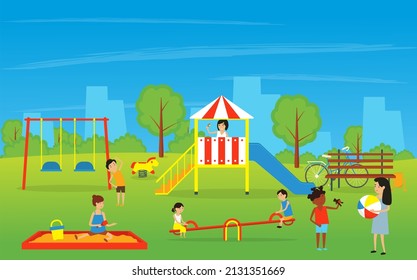 Kids playing on the playground. Vector illustration