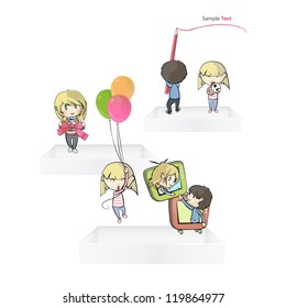 Kids playing on shelves. Vector design.