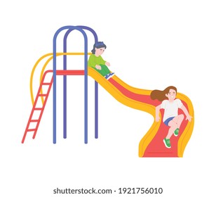 Kids playing on a slide - happy cartoon children sliding down colorful park attraction with climb ladder isolated on white background. Vector illustration.