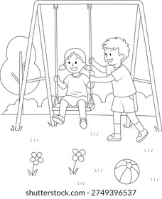 Kids Playing on Swing in Playground – Boy Pushing Girl on Swing, Cute Cartoon Coloring Page