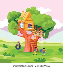 Kids playing on tree house. Kid wood house garden trees with tire swing, children climb to treehouse playing game in forest or jungle nature playground, recent vector illustration of house on tree