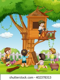 Kids Playing On Treehouse