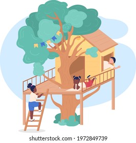 Kids Playing On Treehouse. 2D Vector Web Banner, Poster. Tree Fort In Backyard For Teenagers, Flat Characters On Cartoon Background. Children Outdoor Playhouse Printable Patch, Colorful Web Element