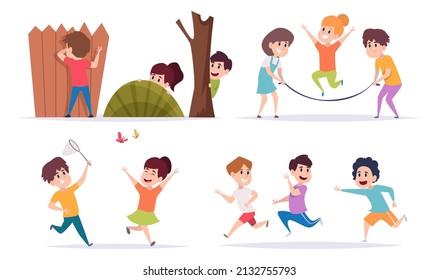 Niños jugando. Juegos activos al aire libre para niños que corren saltando jugando fútbol niños y niñas fuerza jalar plantillas de tipo vector exacto de dibujos animados coloridos