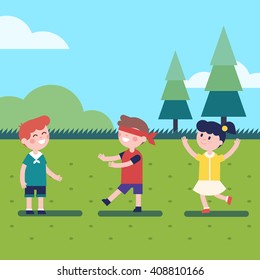 Kids playing outdoor blindfold game. Hide and seek or voice in the dark. Modern flat vector kids illustration clipart.