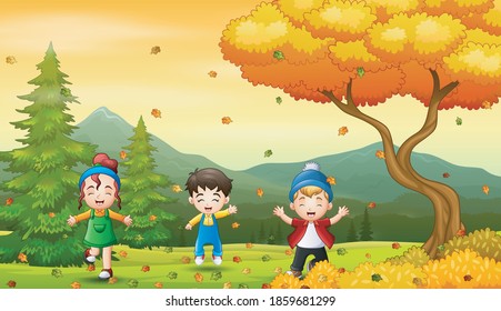 Kids playing outdoor during autumn or fall season