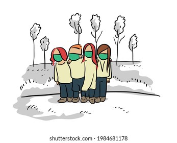 Kids playing in outdoor Illustration with mask on face