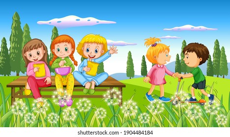 Kids playing at outdoor nature illustration
