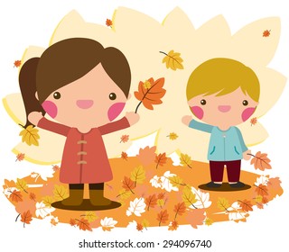 Kids Playing Outdoors In Fall.  This Vector Illustration Can Be Use For Kids Books As Well As For Advertising Announcement.