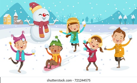 Kids Playing Outdoors In Winter. Little Boy Riding On Snow Slides. Cute Little Children Group. Play Snow Fun. Portrait  In Warm Clothes. Illustration Isolated On Scene With Snowflakes Scattering.