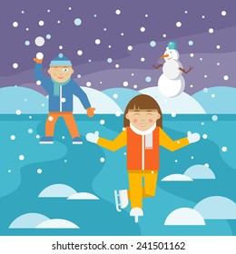 Kids playing outdoors in winter with snowman on background flat vector illustration