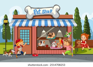 Kids playing outside a pet shop