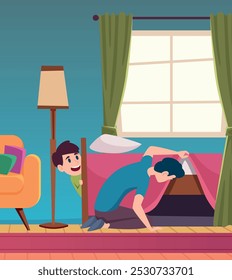 kids playing. parents search kids under the bed. vector background family fun in playing room