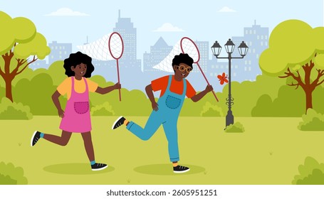 Kids playing in a park with butterfly nets on a sunny day in the city