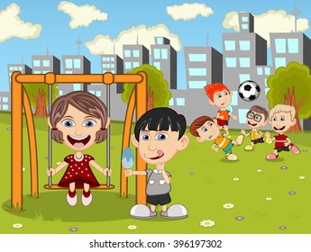 Kids playing in the park cartoon vector illustration