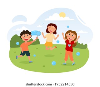 Kids playing in park in summer and blowing bubbles. Flat abstract metaphor outline cartoon vector illustration concept design. Simple art isolated on white background.