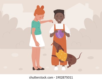 Kids playing with pet vector illustration set. Cartoon boy and girl children love and play with dog outside