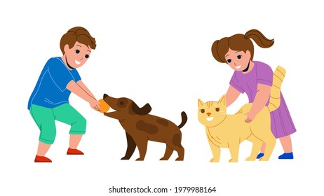 Kids Playing With Pets Together In Park Vector. Little Boy Play With Dog And Ball, Girl Stroking Cat Pets. Characters Brother And Sister Enjoying With Domestic Animals Flat Cartoon Illustration