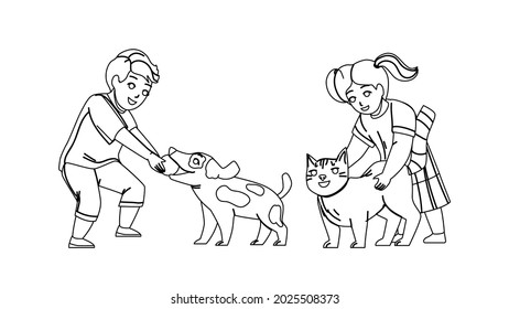 Kids Playing With Pets Together In Park Black Line Pencil Drawing Vector. Little Boy Play With Dog And Ball, Girl Stroking Cat Pets. Brother And Sister Enjoying With Domestic Animals Illustration