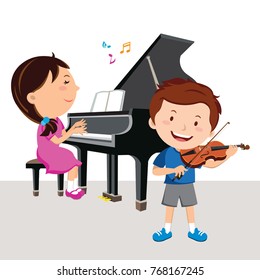 Kids playing piano and violin