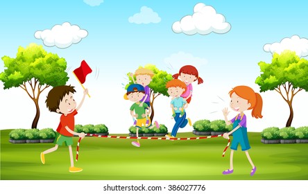 Kids playing piggy back ride in the park illustration