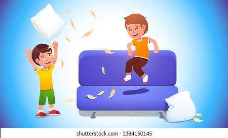 Kids Playing With Pillows & Jumping On A Sofa. Boys Pillow Fight Game. Happy Cheerful Children Having Fun Making Mess Of Flying Feathers At Home. Flat Vector Character Illustration