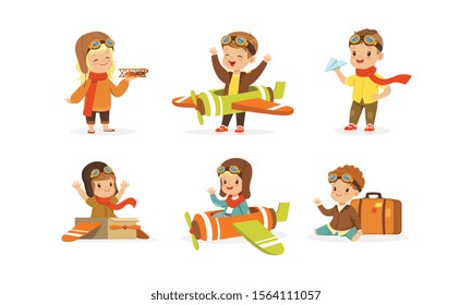 Kids Playing Pilot Wearing Airman Costume Vector Set