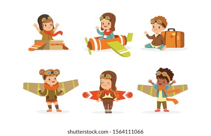 Kids Playing Pilot Wearing Airman Costume Vector Set